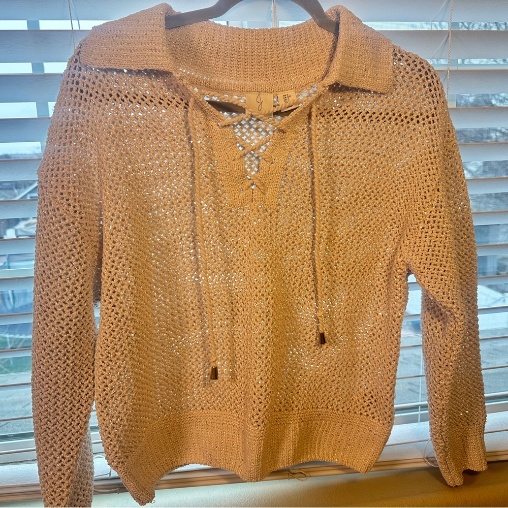Joie Cross Stitch, Cream/Taupe, Silver Sparkle,Knit Pullover Sweater, Size S